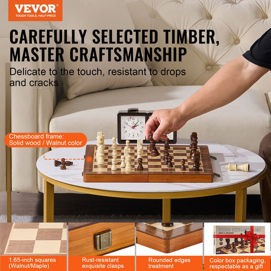 VEVOR Magnetic Wooden Chess Set, 15 Inch 2-IN-1 Chess Checkers Game Set, Folding Chess Board Games For Adults Kids, 2 Queens Portable Travel Gift Chess Set For Tournament Professional Beginner