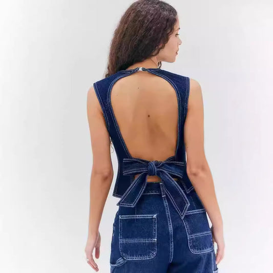 Fashion Casual Sleeveless High Waist Denim Vest