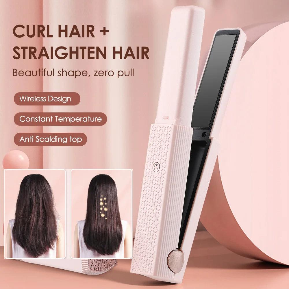 Cordless USB hair straightener and mini ceramics hair curler