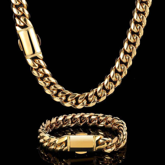 Hip Hop Titanium Steel Necklace Spring Fastener Stainless Steel Encrypted Cuban Link Chain Bracelet