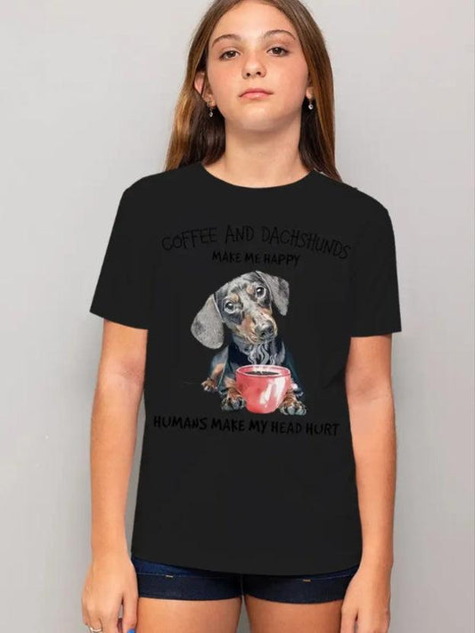 Youth Cartoon Dachshund Print T-Shirt,Crew Neck Sports Tee, Regular Fit Knit Top, For Teens And Adults, Casual Summer Wear in usa to usa