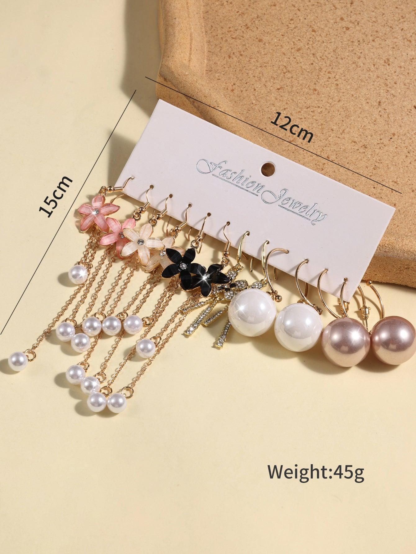 Combination Style 6 Pairs Of Temperament Personality Internet Famous Long Pearl Earrings With Crystal Flowers Simple And Versatile Earrings 