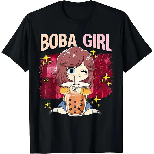 Boba Girl Anime Graphic Tee , Short Sleeve, Crew Neck T-Shirt For Women & Girls in USA to USA