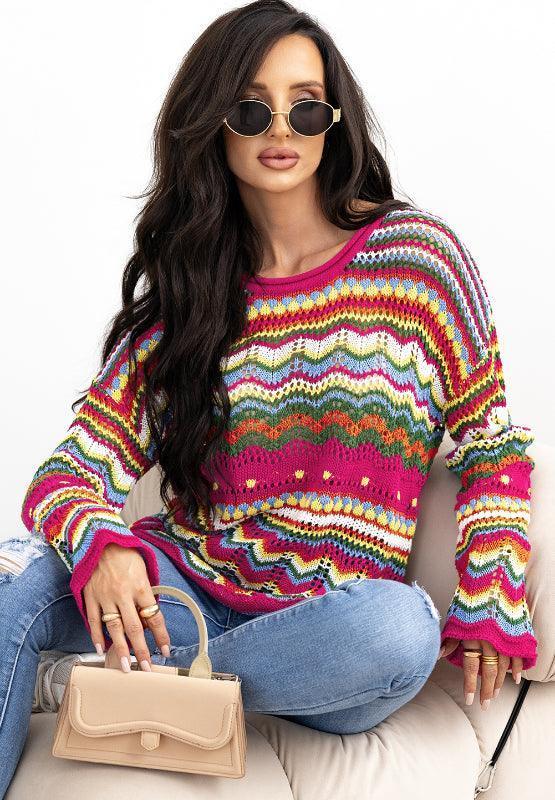 Openwork Contrast Round Neck Flare Sleeve Knit Top - Awesome Marketplace