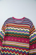Openwork Contrast Round Neck Flare Sleeve Knit Top - Awesome Marketplace