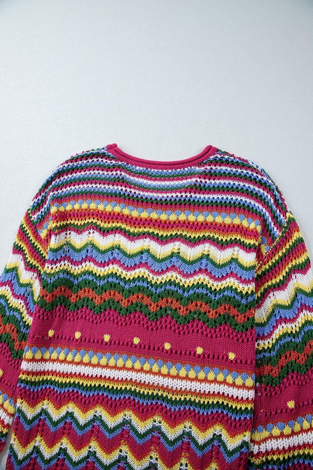Openwork Contrast Round Neck Flare Sleeve Knit Top - Awesome Marketplace