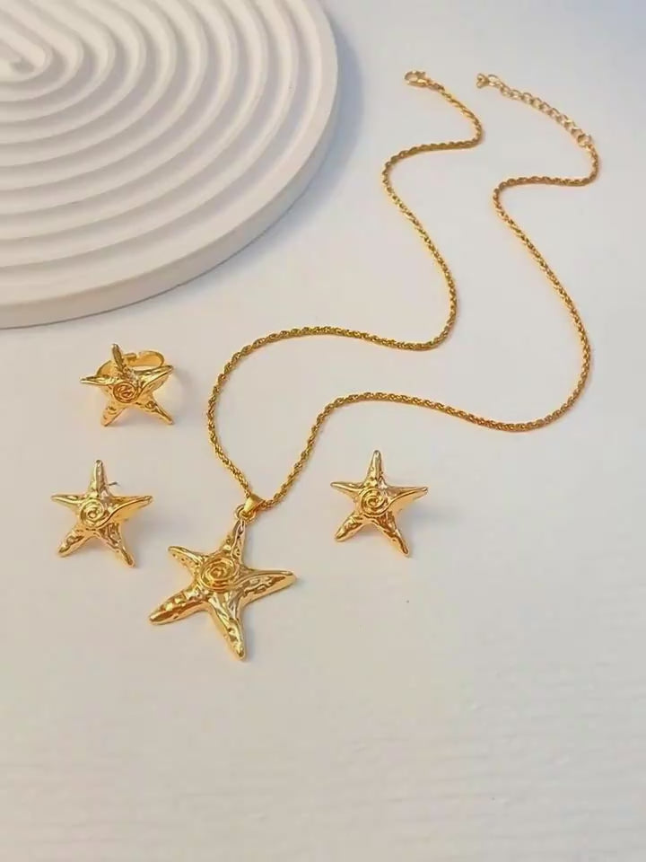 video gold star shape Necklace Ring Earrings